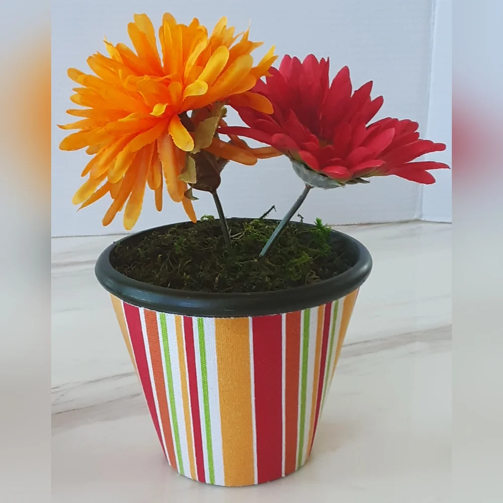 Fabric Covered Flower Pots Orange Striped Multicolor Silk Arrangement